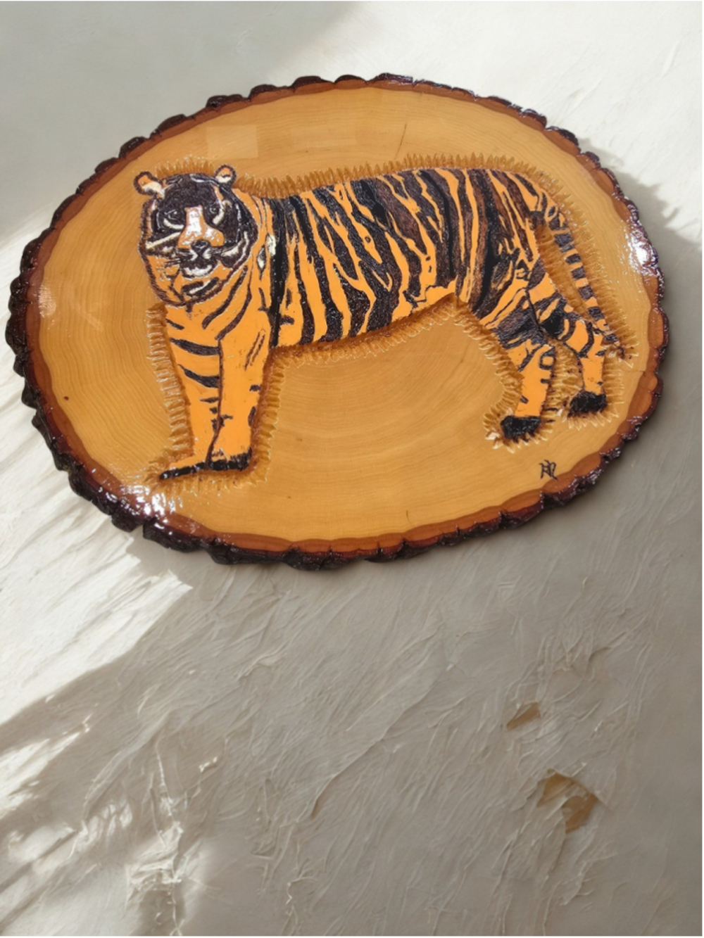 Vtg Wood Burned Tiger Letter T Wall Art Rustic Tree Slice Plaque Handmade Signed